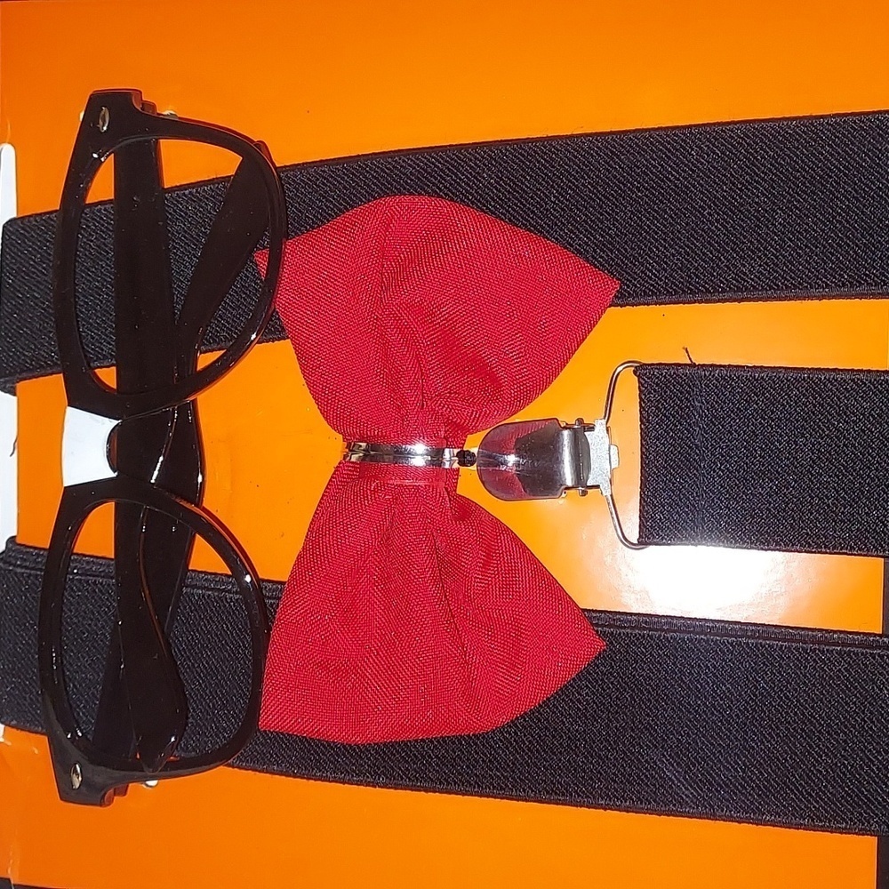 Adult Nerd Costume Black Glasses, Suspenders, Bow Tie NEW